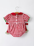 Baby Girls Christmas Outfit – Red Plaid Romper with Tree Bow Accents - 2