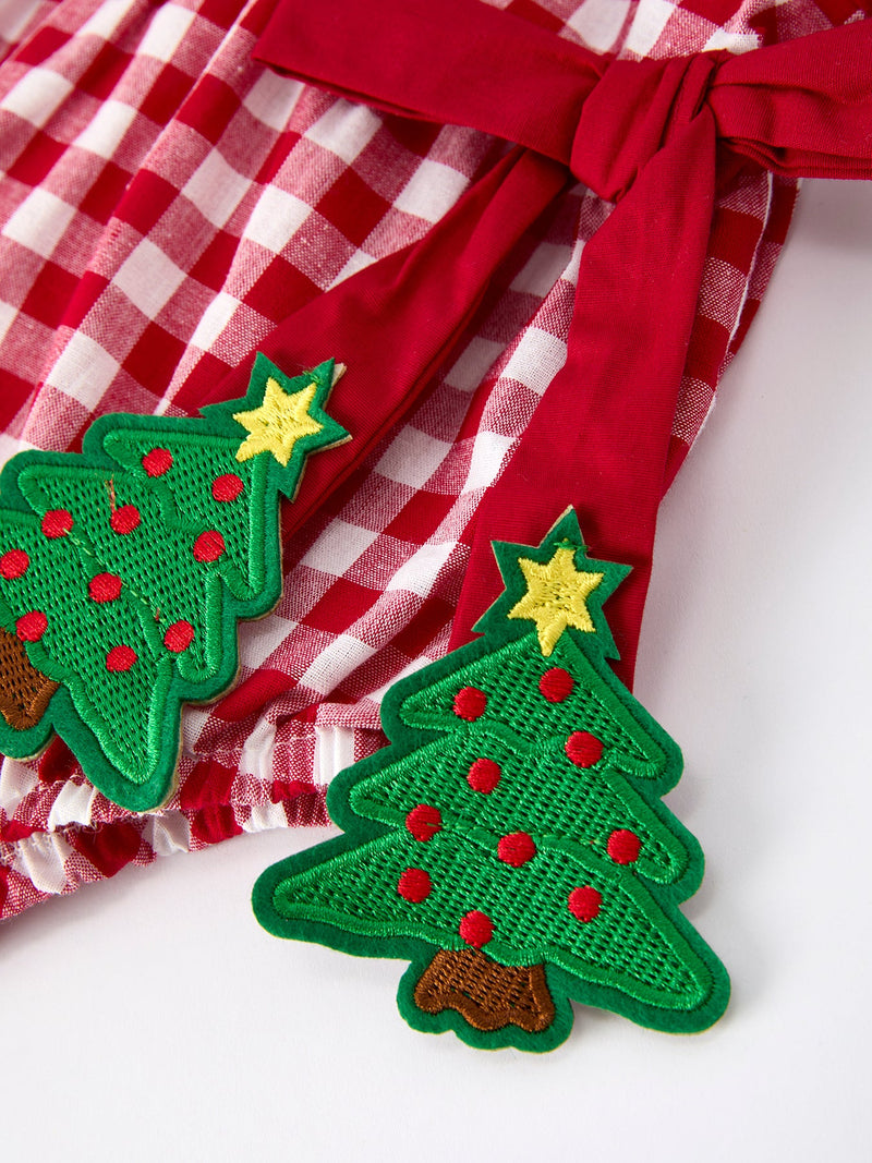 Baby Girls Christmas Outfit – Red Plaid Romper with Tree Bow Accents - 3