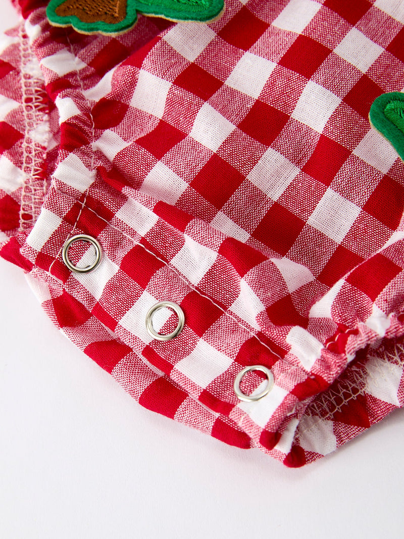 Baby Girls Christmas Outfit – Red Plaid Romper with Tree Bow Accents - 4