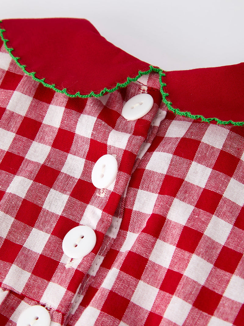 Baby Girls Christmas Outfit – Red Plaid Romper with Tree Bow Accents - 5