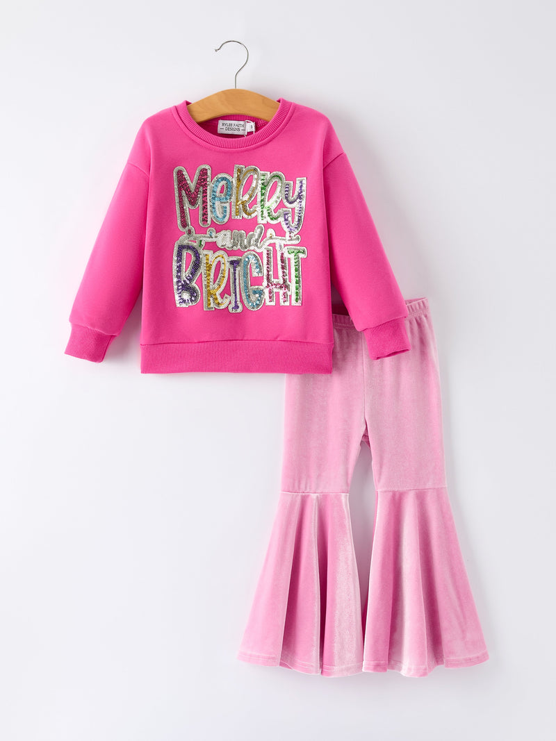 Toddler Girls Christmas Outfit – Pink Merry Bright Top and Bell Pants - 1