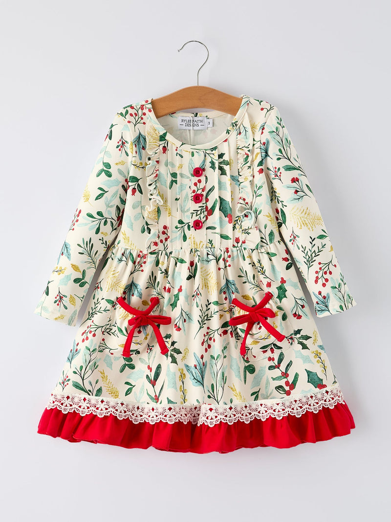 Toddler Girls Christmas Dress – Holiday Floral Print Outfit with Pockets - 1