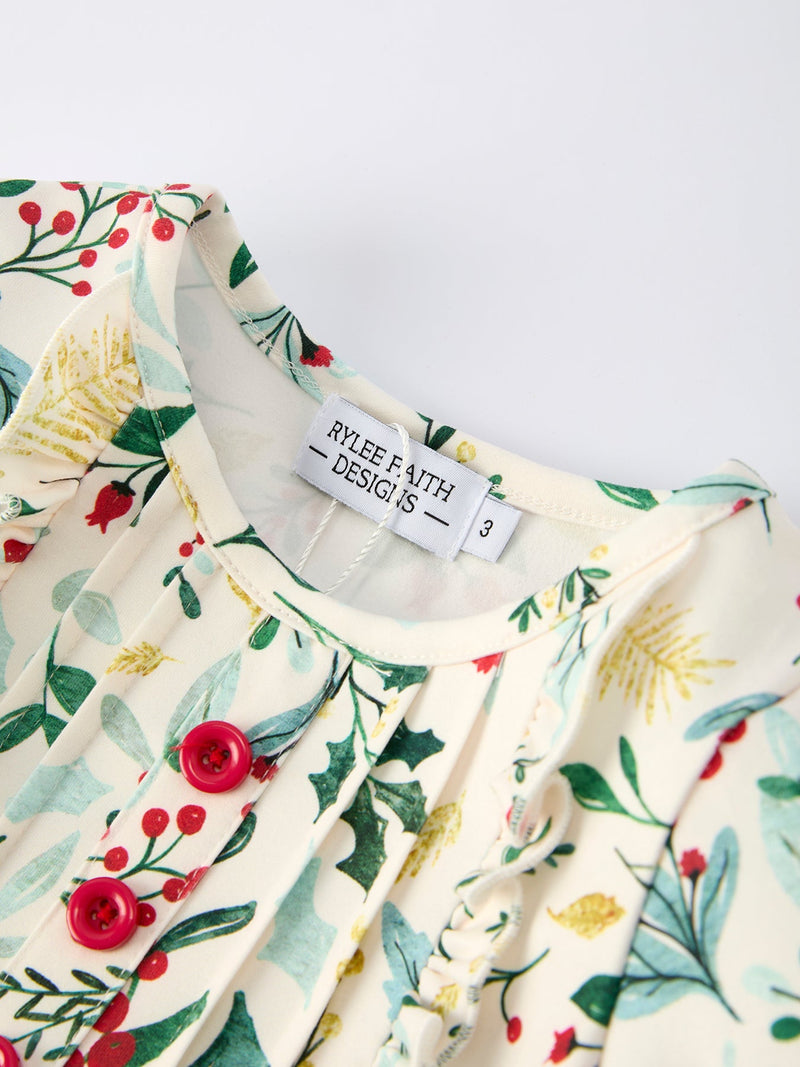 Toddler Girls Christmas Dress – Holiday Floral Print Outfit with Pockets - 3
