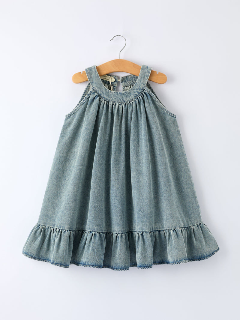 Girls Denim Ruffle Trim A-Line Dress - 9