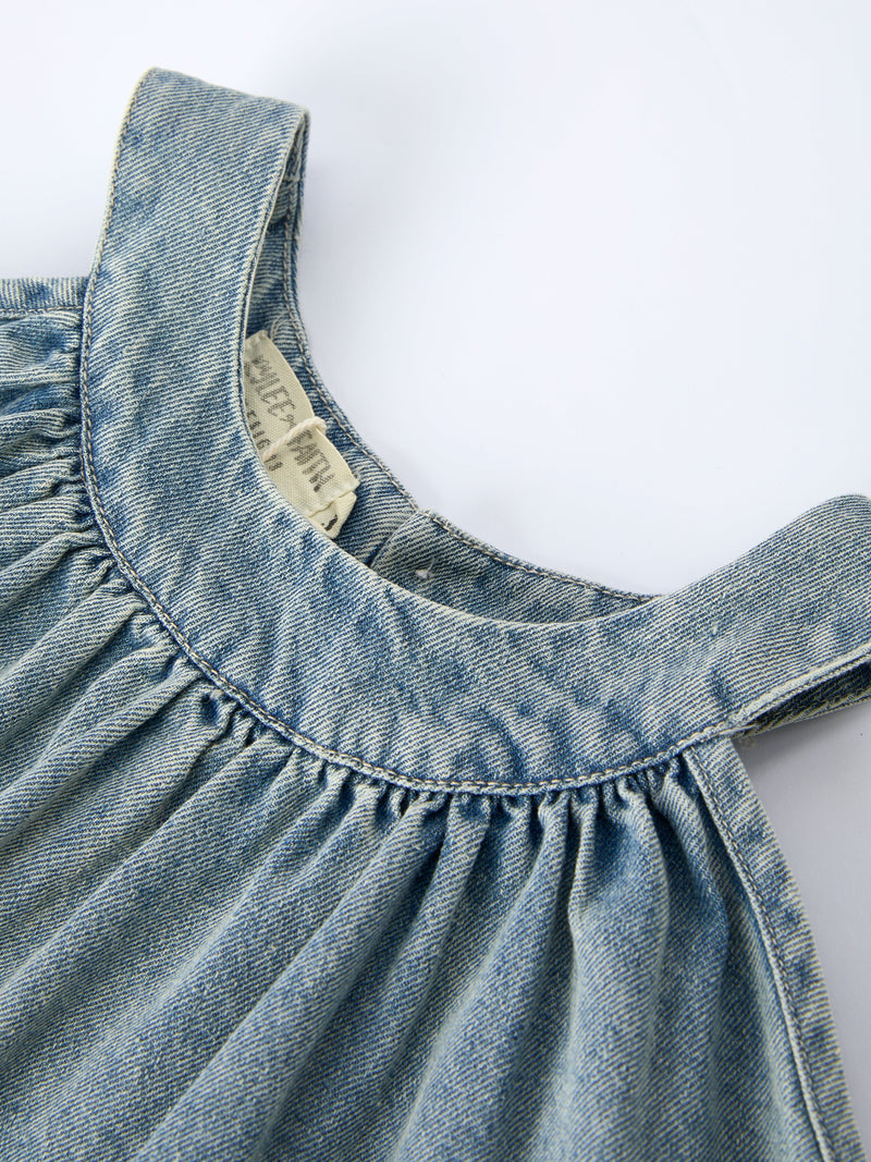 Girls Denim Ruffle Trim A-Line Dress - 11