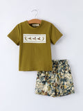 Duck Embroidery Boys Set Green Tee and Camo Shorts - 1