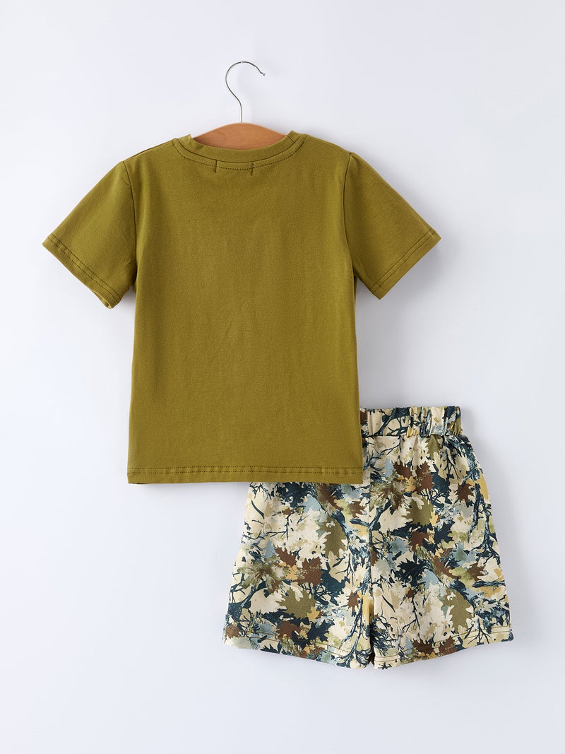 Duck Embroidery Boys Set Green Tee and Camo Shorts - 2