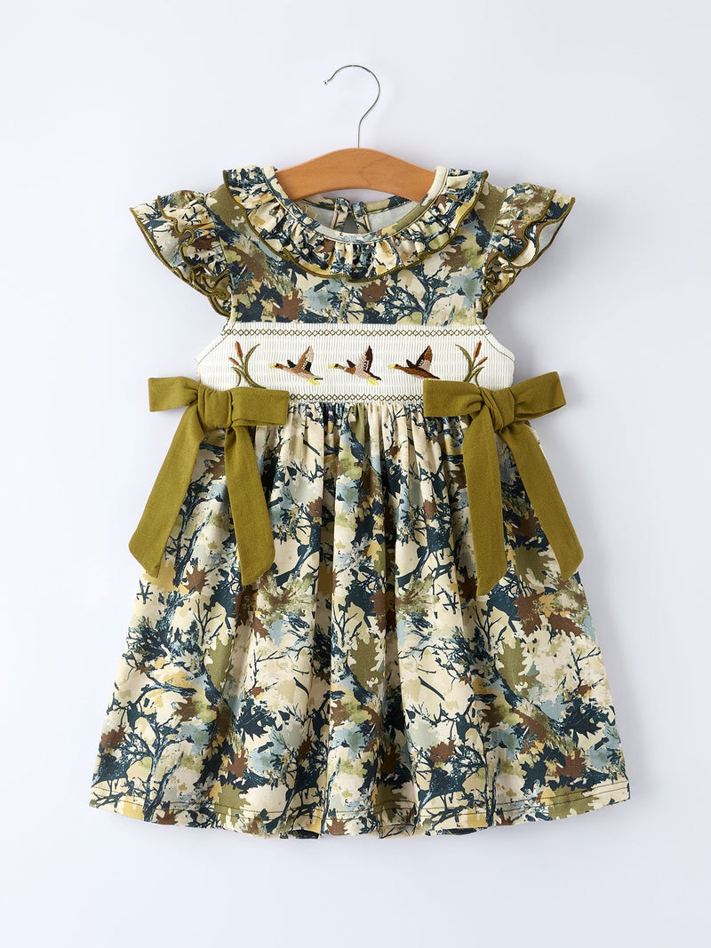 Camo Duck Smocked Bow Ruffle Sleeves Girls Dress - 1