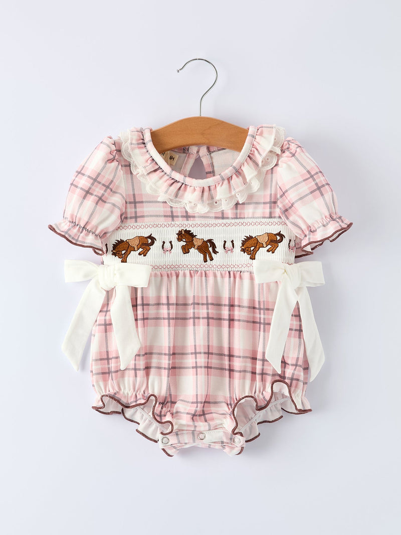 Western Horse Embroidered Smocked Plaid Baby Girl Romper - 6