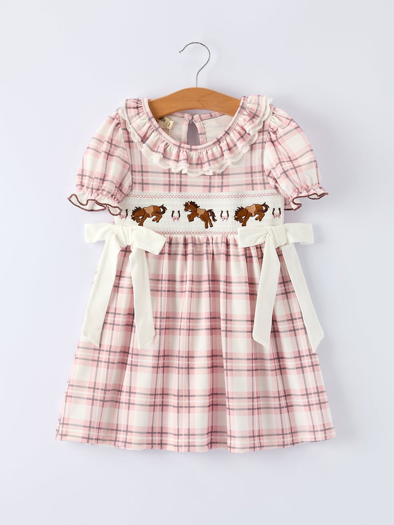 Western Horse Embroidered Smocked Plaid Girls Dress - 6