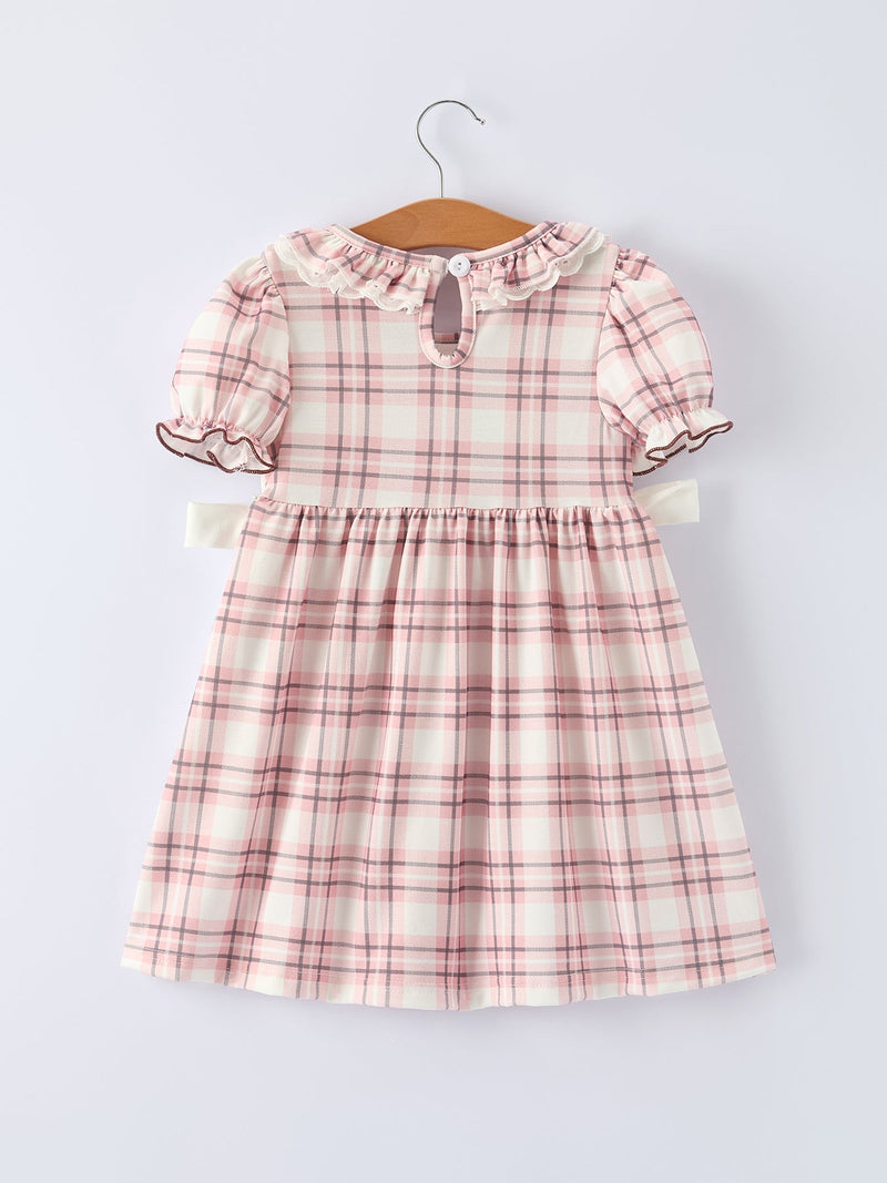 Western Horse Embroidered Smocked Plaid Girls Dress - 7