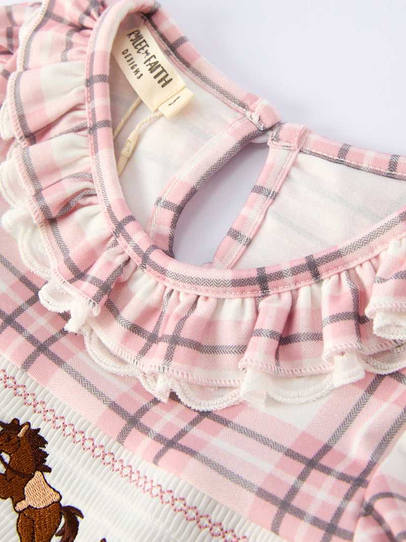 Western Horse Embroidered Smocked Plaid Girls Dress - 8