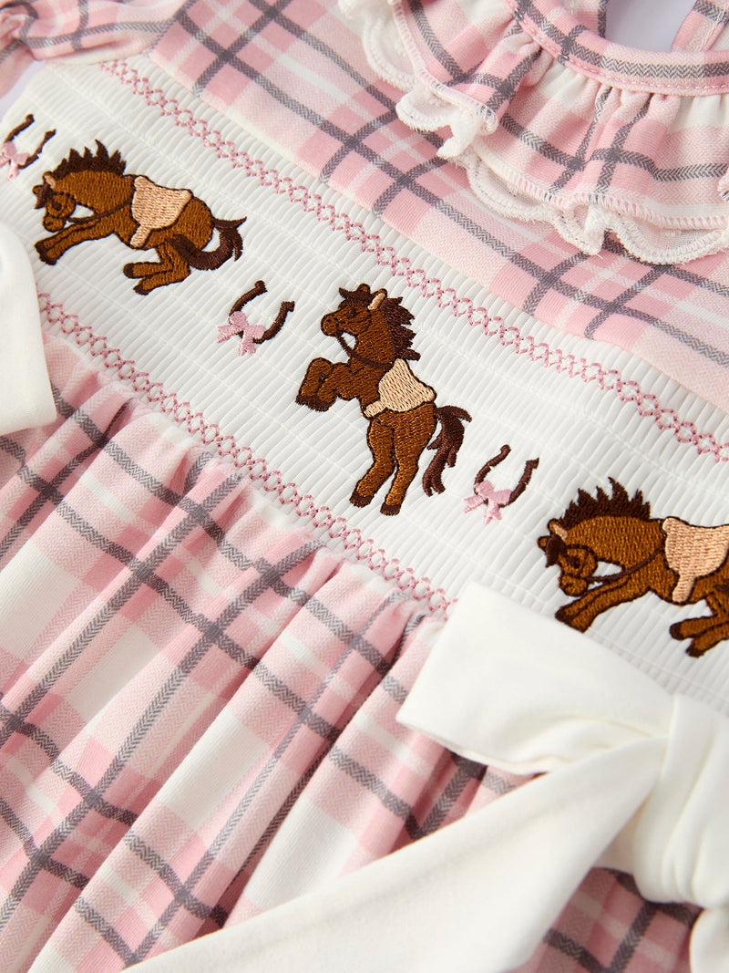 Western Horse Embroidered Smocked Plaid Girls Dress - 9