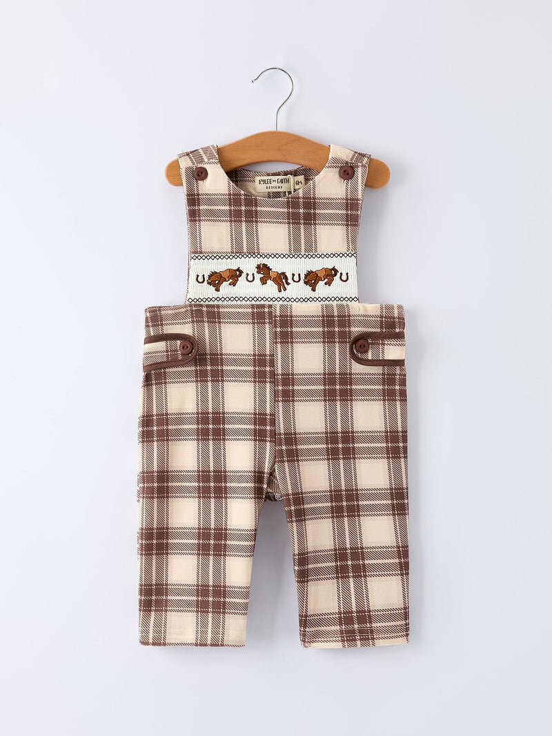 Western Horse Embroidered Smocked Plaid Baby Boy Romper - 1