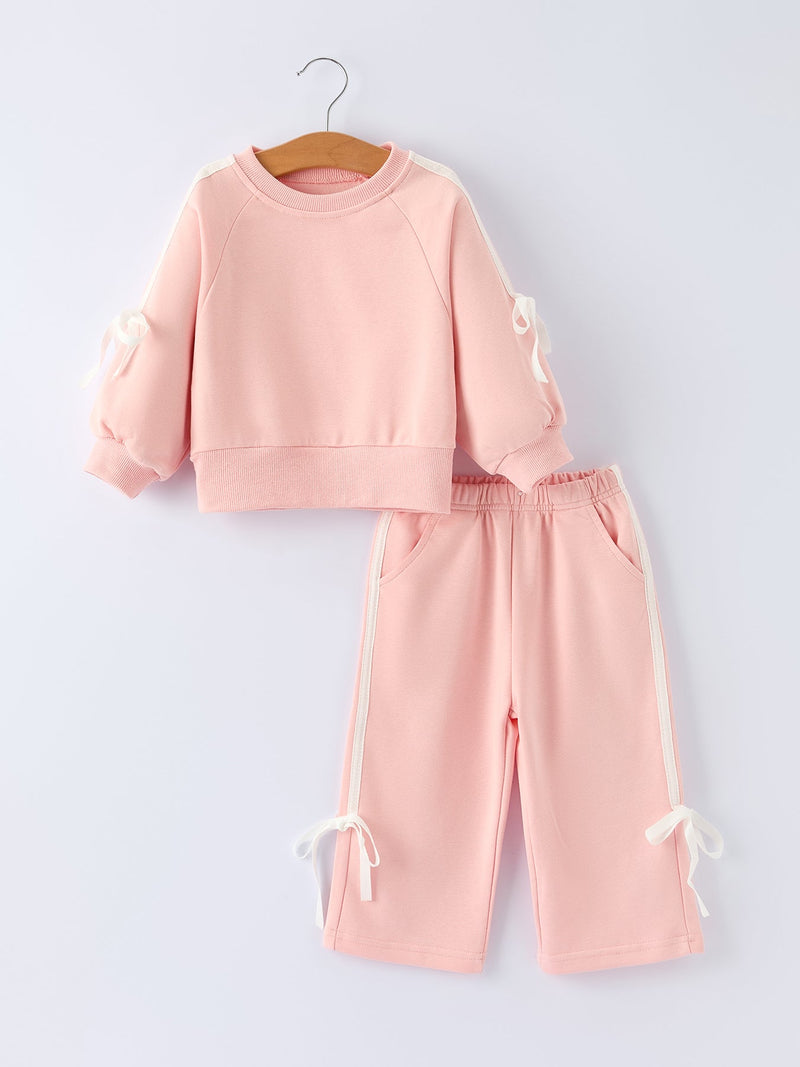 Girls Pink Bow Trim Sweatshirt and Pants Set - 2