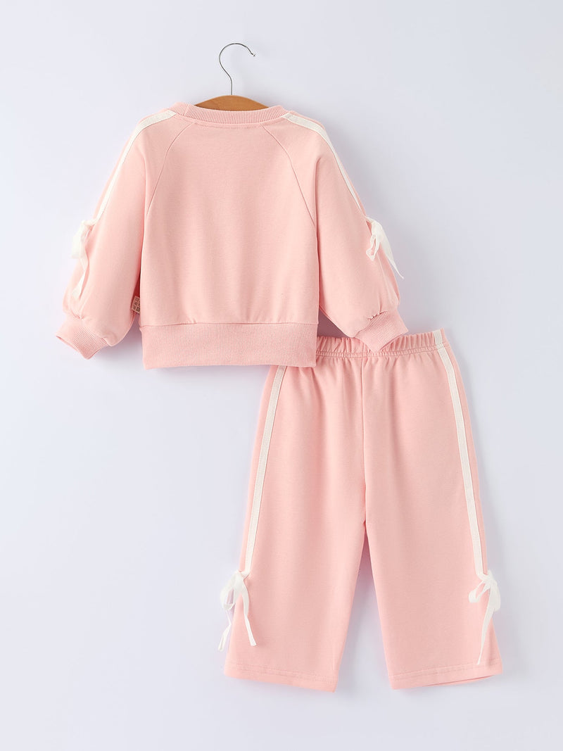 Girls Pink Bow Trim Sweatshirt and Pants Set - 3