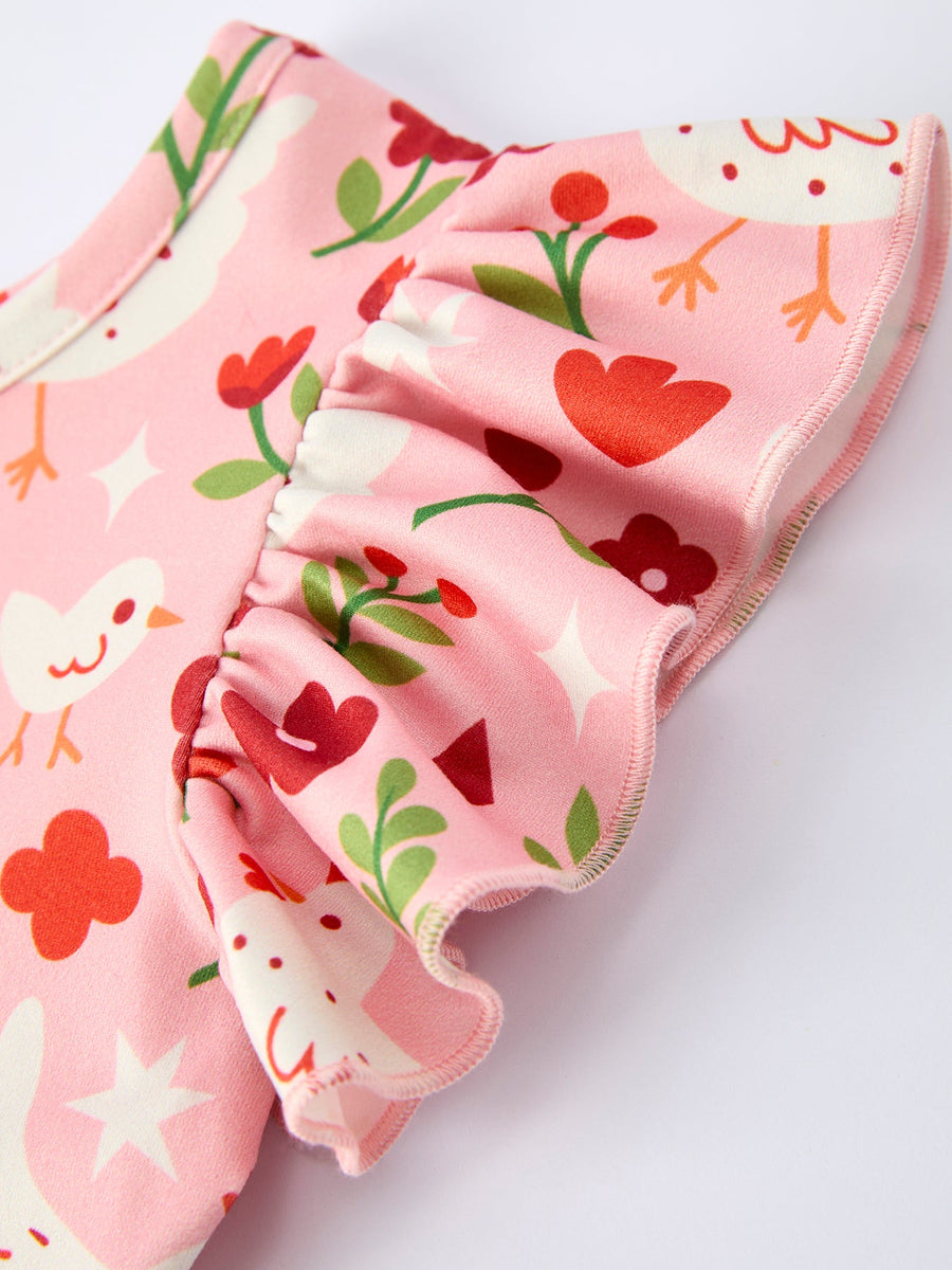 Spring Chicken Floral Farm Print Girls Dress