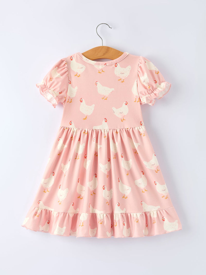 Farm Spring Chicken Print Girls Ruffle Dress - 7