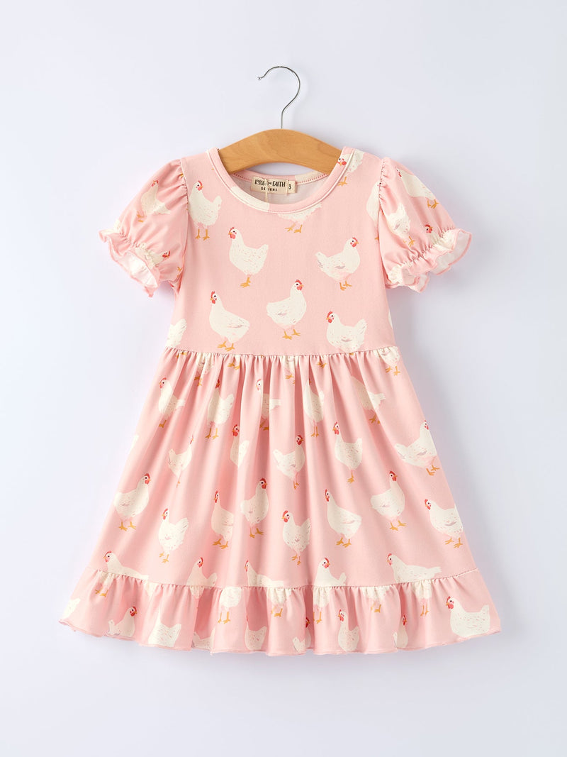 Farm Spring Chicken Print Girls Ruffle Dress - 6