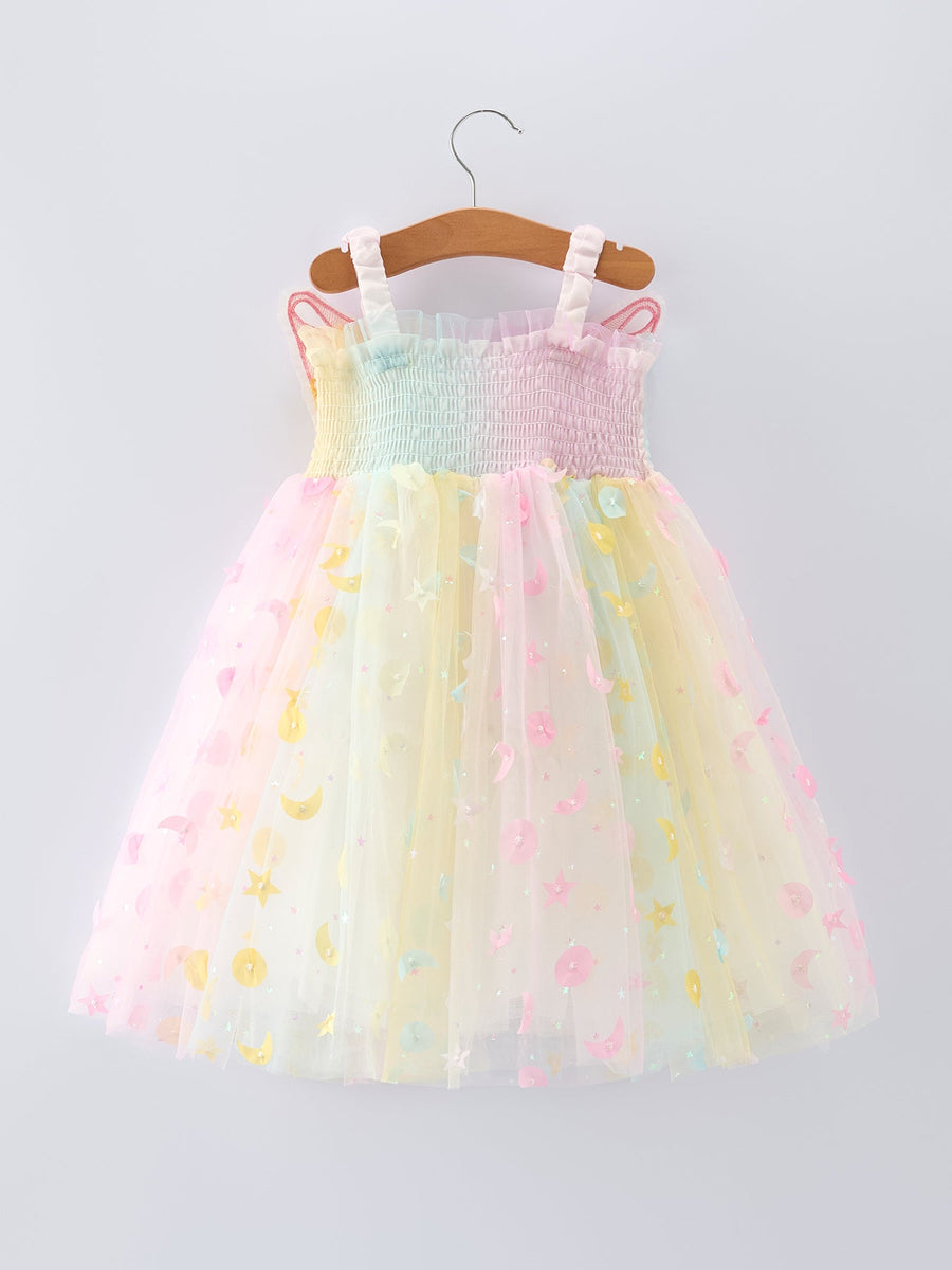 Girls Rainbow Sequin Tulle Dress – Pastel Party Dress