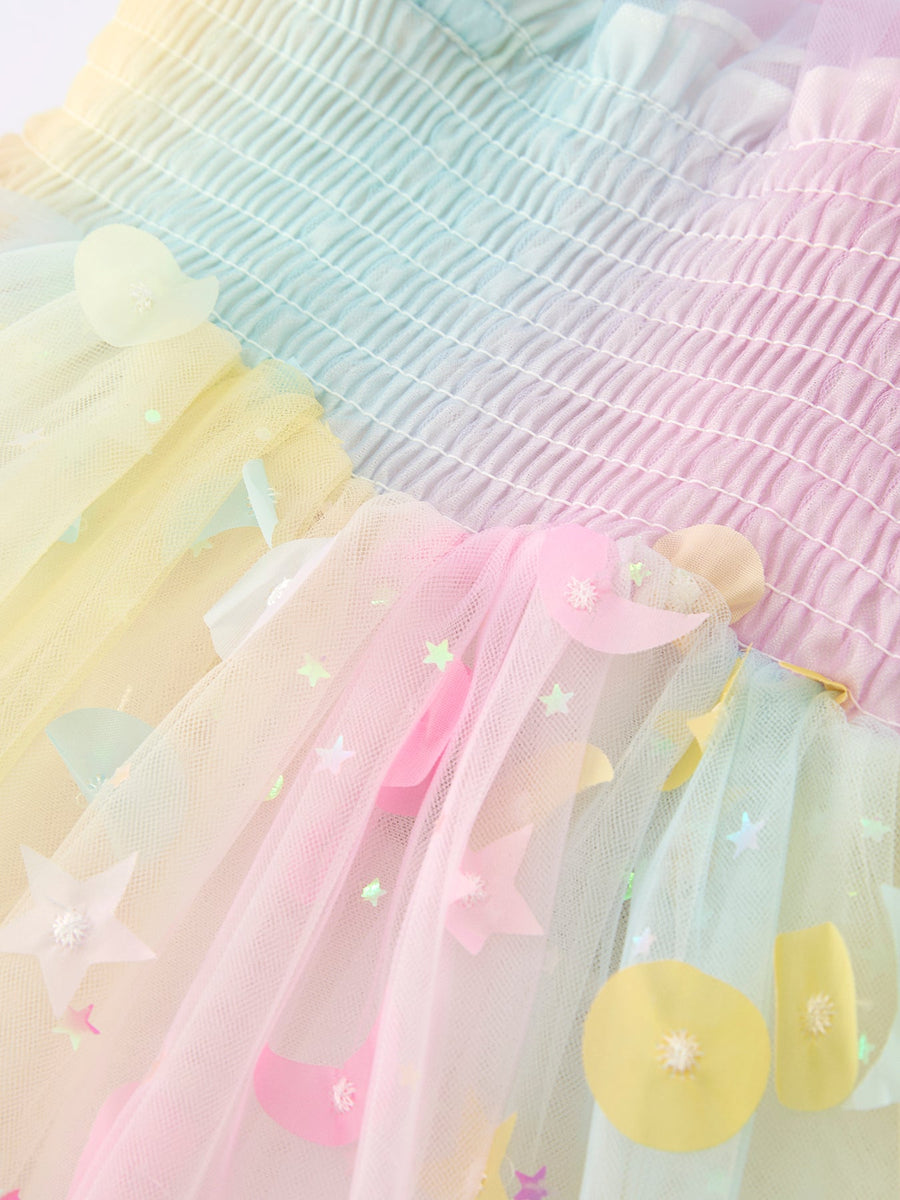 Girls Rainbow Sequin Tulle Dress – Pastel Party Dress