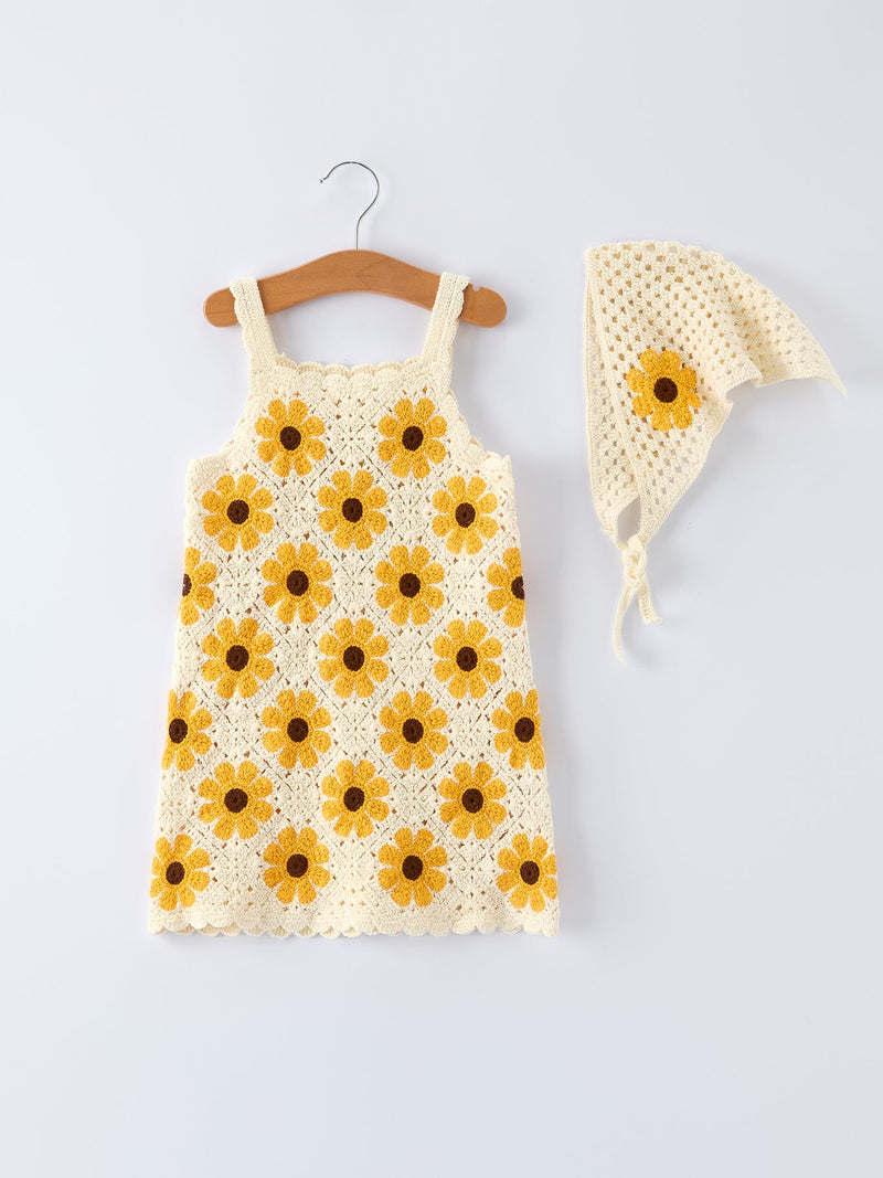 Summer Crochet Sunflower Girl Dress with Headscarf - 8