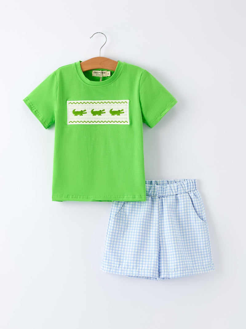 Toddler Boys Summer Crocodile Embroidered Plaid Shorts Set - 7