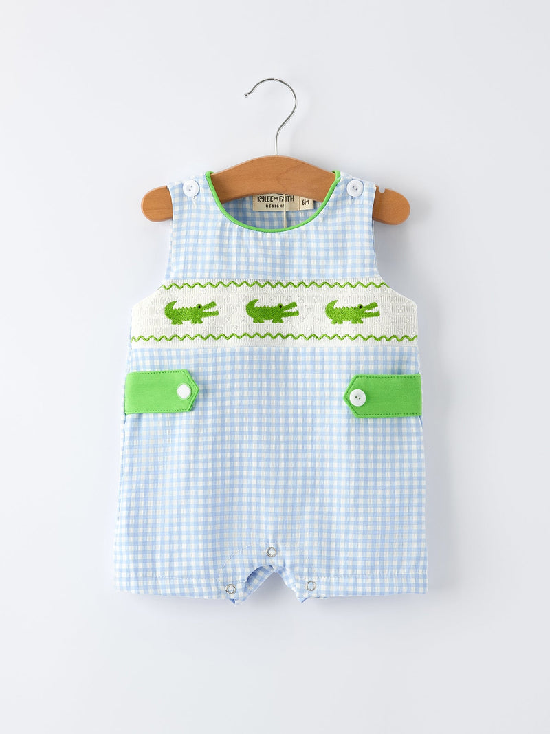 Baby Boys Summer Crocodile Embroidered Smocked Romper - 1