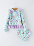 Summer Mint Floral Long Sleeve Girl Swimwear Set - 1