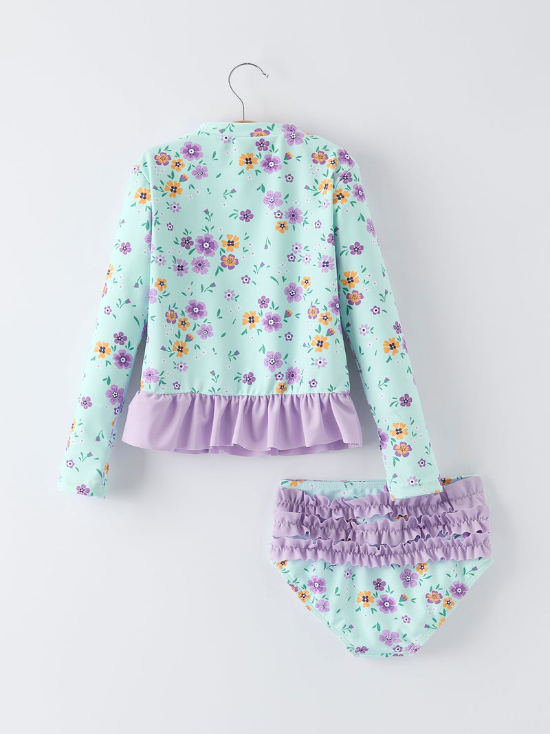Summer Mint Floral Long Sleeve Girl Swimwear Set - 2