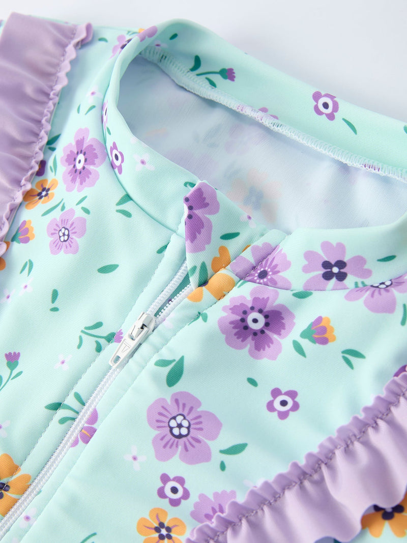 Summer Mint Floral Long Sleeve Girl Swimwear Set - 4