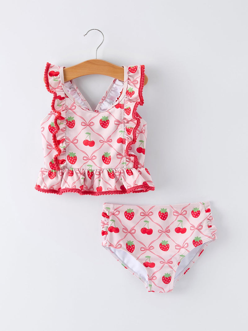 Summer Strawberry Cherry Ruffle Girl Swimwear Set - 1
