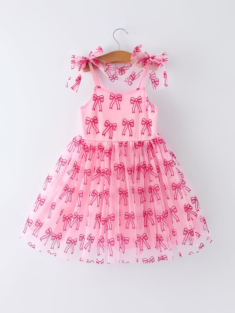 Spring and Summer Pink Tulle Bow Party Dress for Girls - 1
