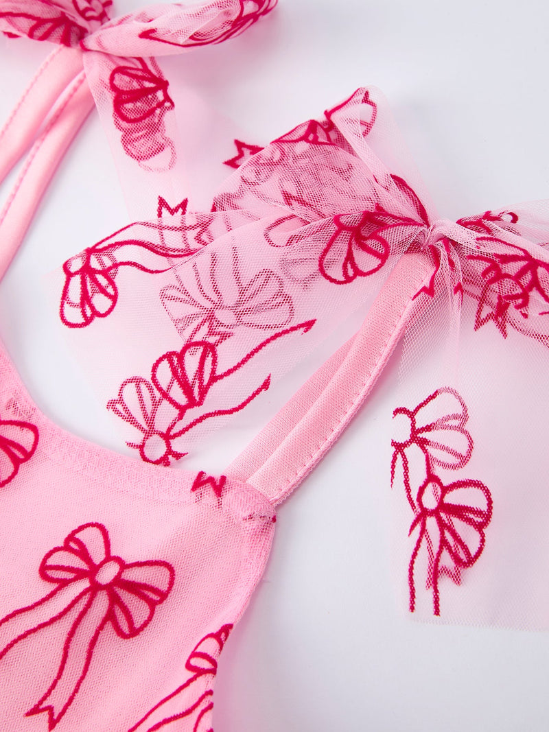 Spring and Summer Pink Tulle Bow Party Dress for Girls - 3