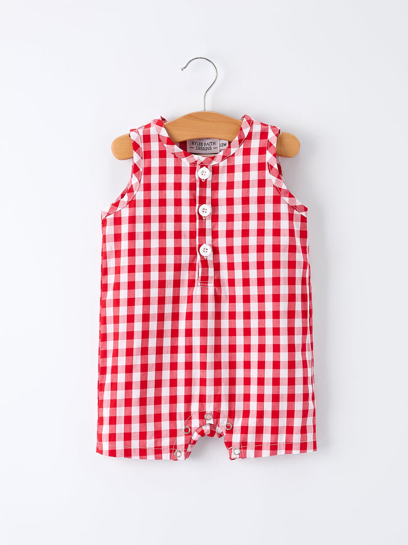 Summer Plaid Smocked Ruffle Boys Romper Sibling Outfits - 2