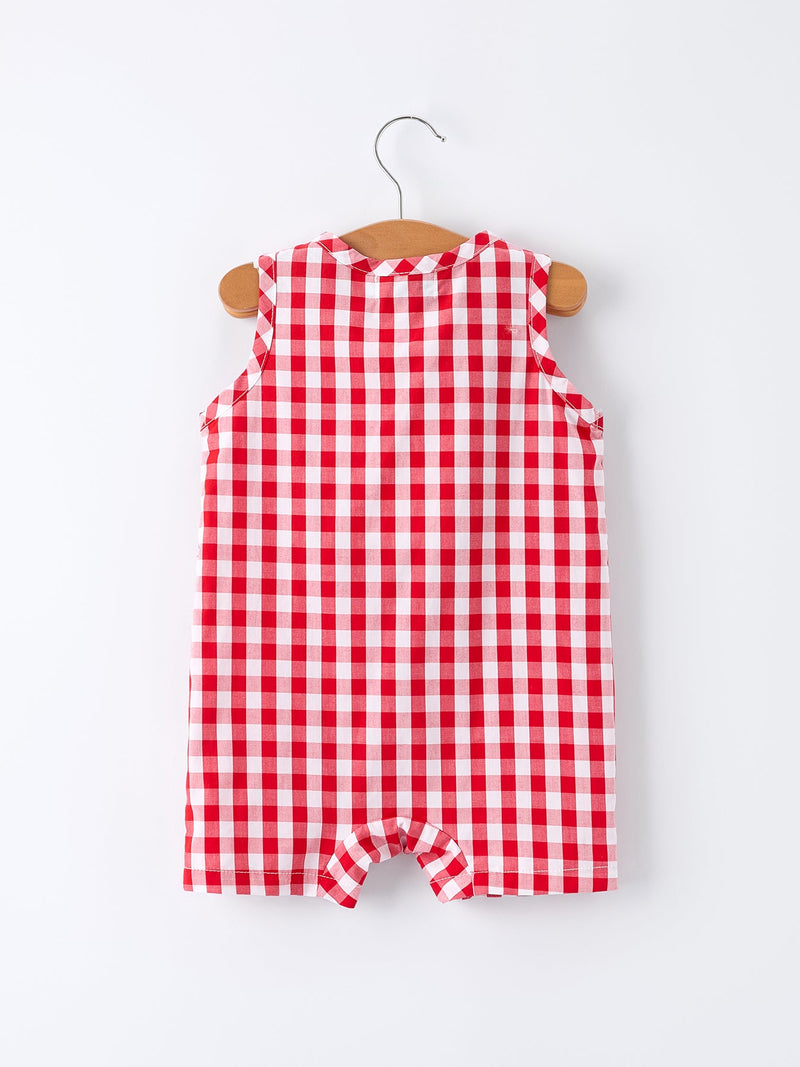 Summer Plaid Smocked Ruffle Boys Romper Sibling Outfits - 3