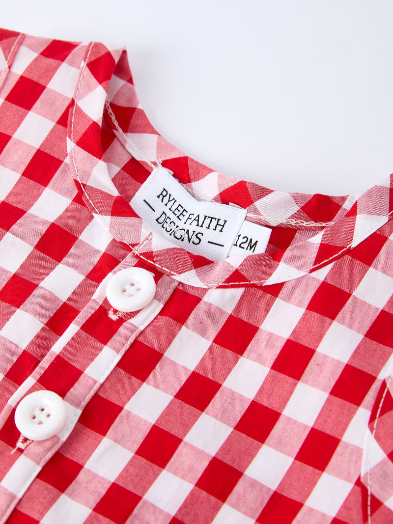 Summer Plaid Smocked Ruffle Boys Romper Sibling Outfits - 4