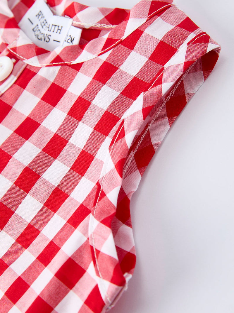 Summer Plaid Smocked Ruffle Boys Romper Sibling Outfits - 5