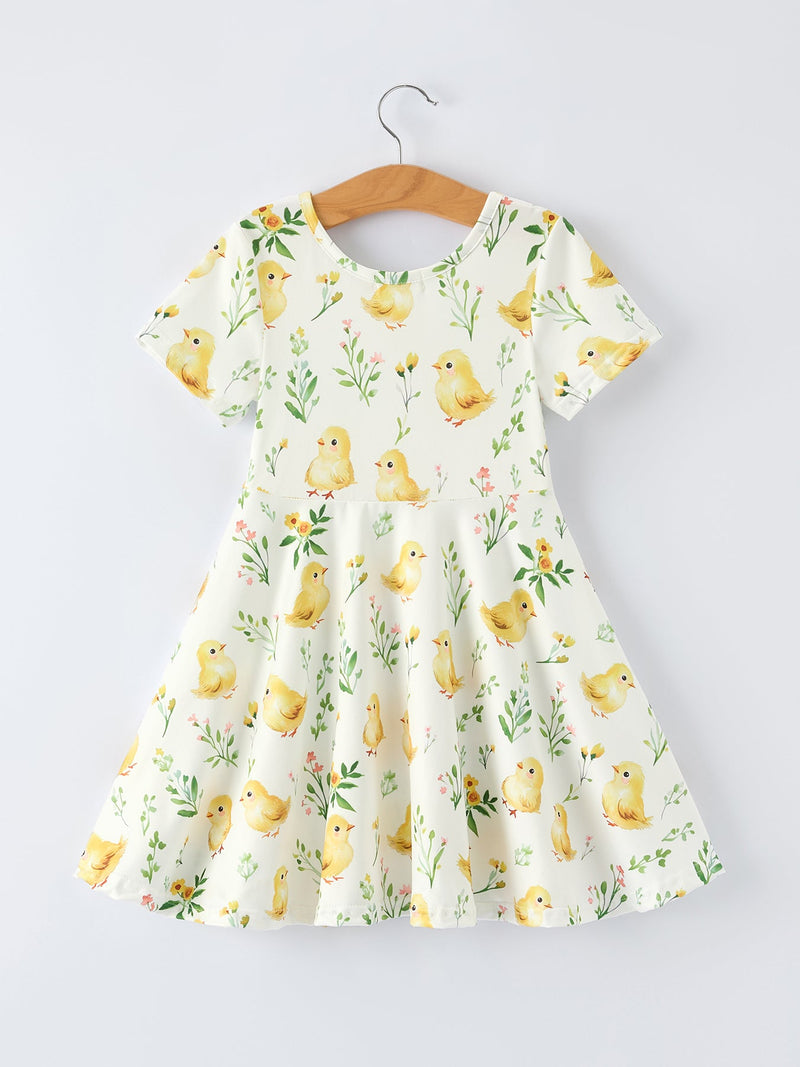 Easter Chick Floral Girls Twirl Short Sleeve Dress - 2
