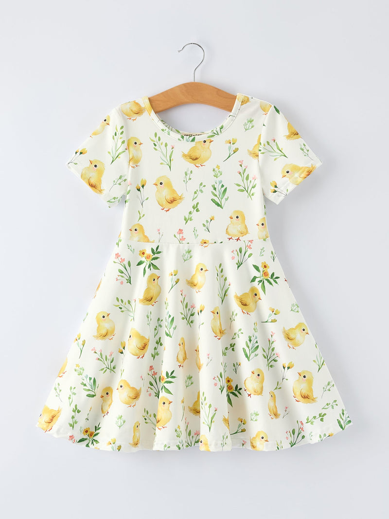 Easter Chick Floral Girls Twirl Short Sleeve Dress - 1