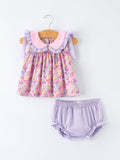 Spring Purple Floral Bow Ruffle Girl Bloomer Set - 3
