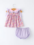 Spring Purple Floral Bow Ruffle Girl Bloomer Set - 7