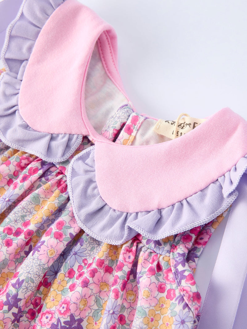 Spring Purple Floral Bow Ruffle Girl Bloomer Set - 8