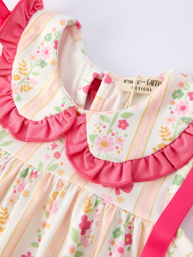 Summer Floral Bow Ruffle Girls Dress - 3