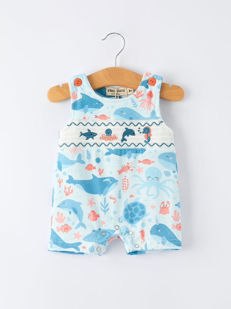 Marine Animal Smocking Embroidered Baby Boys' Romper - 1