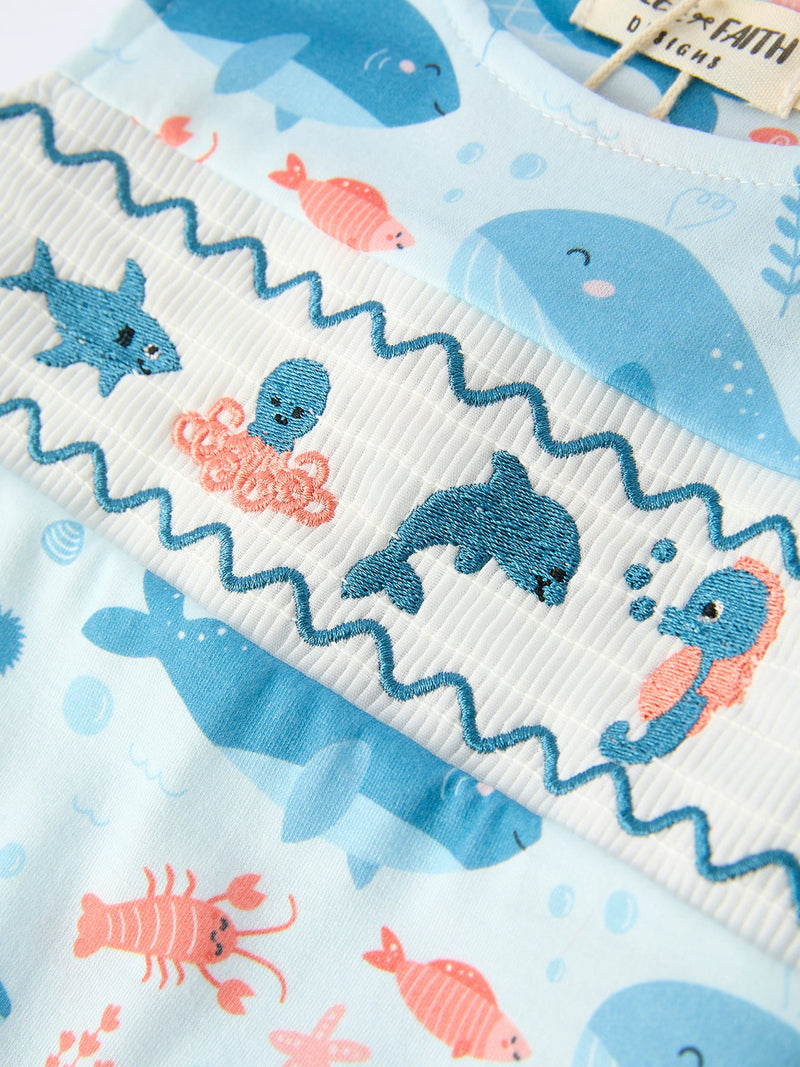 Marine Animal Smocking Embroidered Baby Boys' Romper - 4