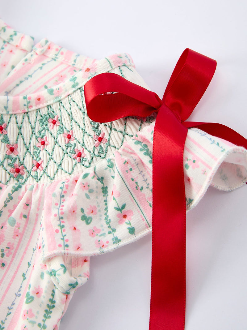 Pink Spring Floral Smocked Baby Girl Romper - 3