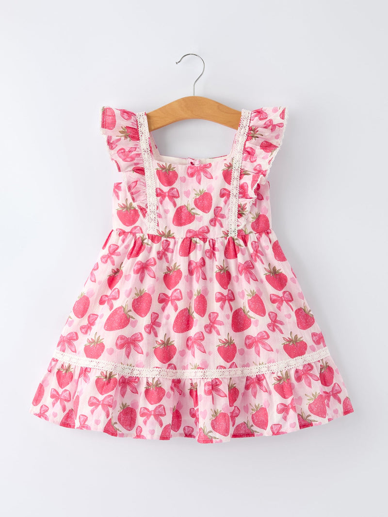Spring Strawberry Bow Print Girls' Dress - 1