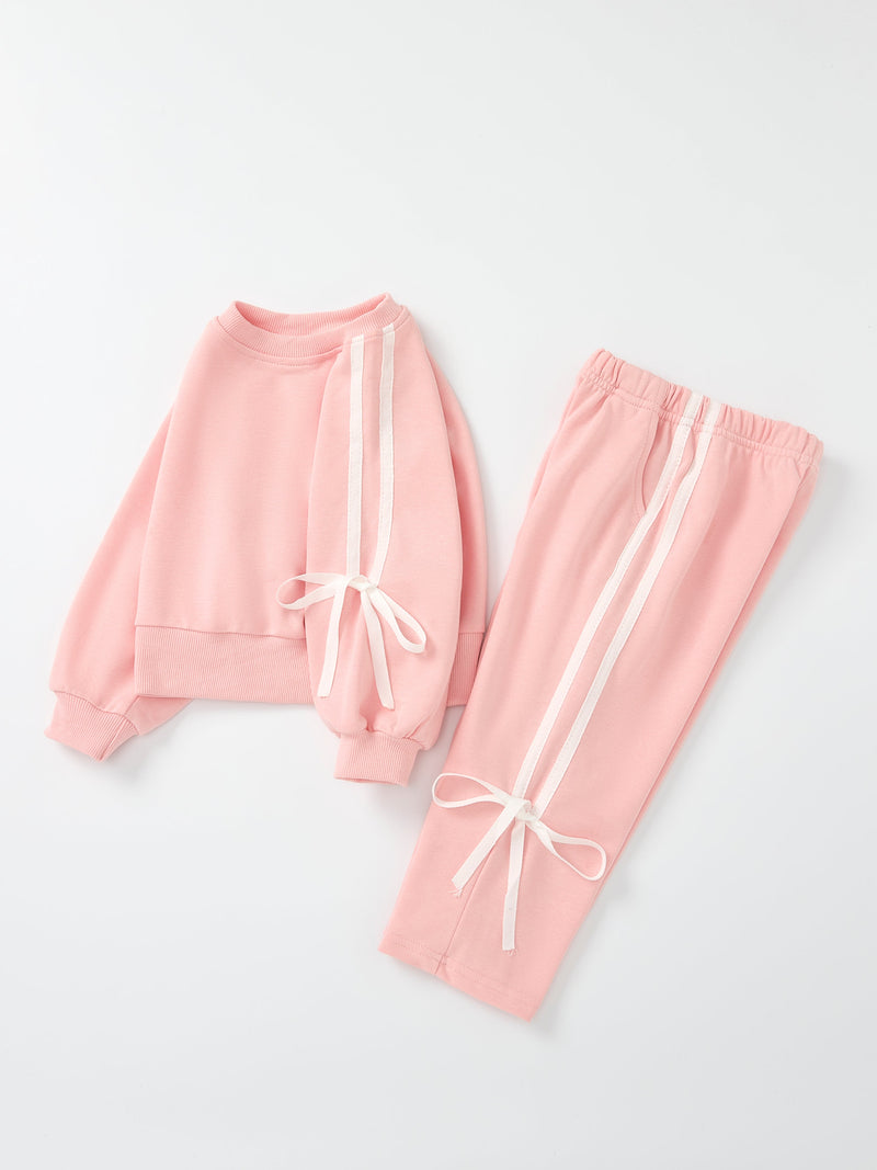 Girls Pink Bow Trim Sweatshirt and Pants Set - 1