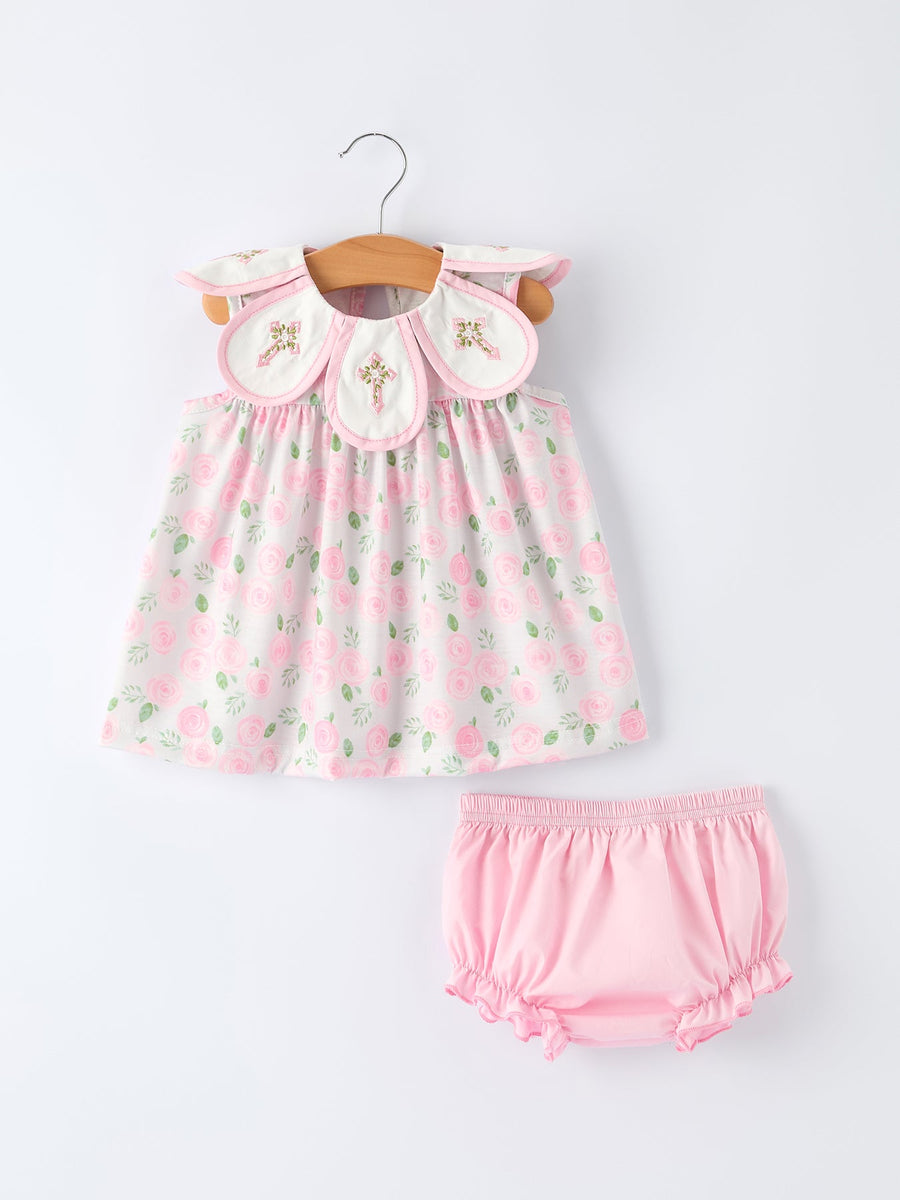 Petal Peter Pan Collar Christ Bishop Christening Baby Girls Bloomer Set